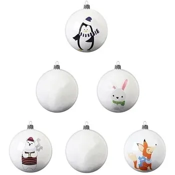 Vánoční ozdoba Glassor koule s motivem zvířátek 8 cm bílé 6 ks