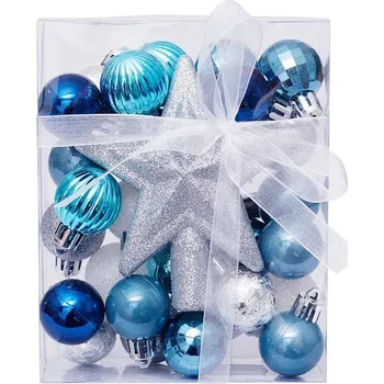 Vánoční ozdoba Sada ozdob, 29 x 3cm koule, 1x glitter špice, mix barev, modrá