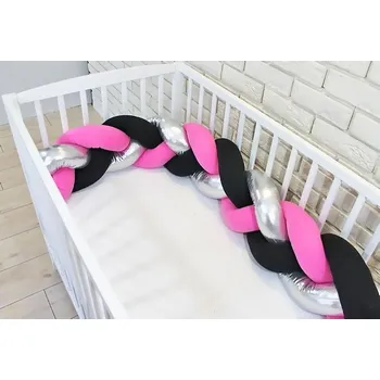 mantinel do postýlky BABY NELLYS mantinel pletený cop Růžová/Černá/Stříbrná