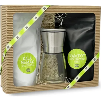Kuchyňská sůl Naturway RED FLAVOUR - Dárkové balení kampotského červeného pepře 50g a soli Kala Namak 100g s mlýnkem