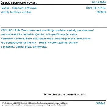 ČSN ISO 18184 - Textilie - Stanovení antivirové aktivity textilních výrobků - Tisk
