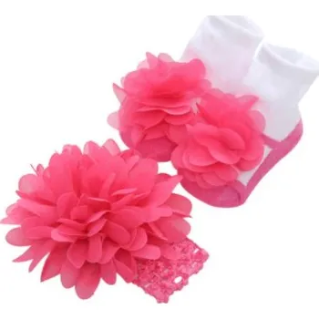 Dívčí kojenecké bavlněné protiskluzové ponožky a čelenka 0-1 rok Varianta: 10 tmavě růžové květinkami