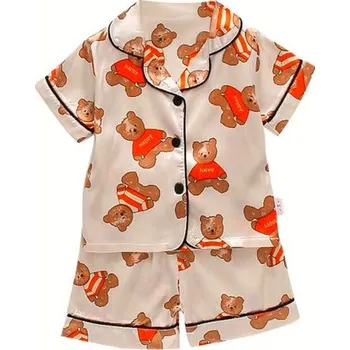 Chlapecké pyžamo Krátká hedvábná (saténová) dětská pyžámka Barva: béžové s medvídky, Velikost: L/100 (3 roky)