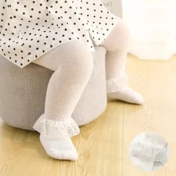 Dětské (kojenecké) punčocháče s květinovou ozdobou 0-6 let Barva: 1 Bílá tečkovaná krajka, Velikost: L (délka 55 cm)