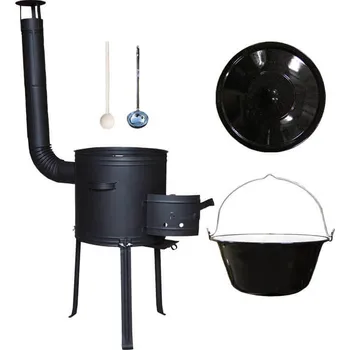 Kempingové nádobí Smaltovaný kotlík 30 L + kovová kotlina s vysokými nožičkami 42 cm + žáruvzdorná barva Plus 700 + poklice, vařečka a naběračka