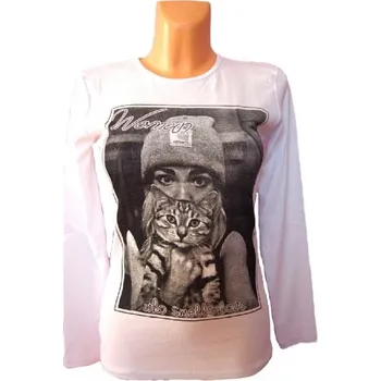 Dámské tričko Bavlněné tričko s kočkou Barva: Bílá, Velikost: Univerzální