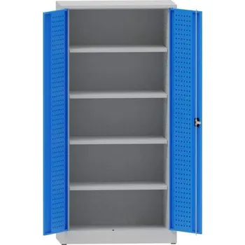 Dílenská skříň na nářadí, v x š x h: 1950x950x500 mm, perforované panely, 4 x police, barva šedá RAL7035 / modrá RAL5012