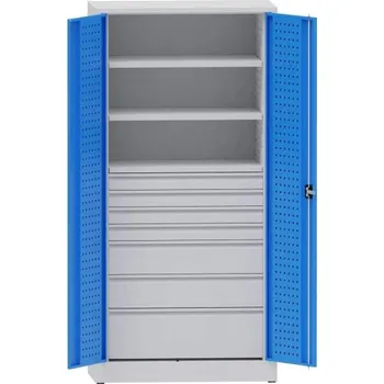 Dílenská skříň na nářadí, v x š x h: 1950x950x500 mm, perforované panely, 2 x police, 7 x zásuvka, barva šedá RAL7035 / modrá RAL5012