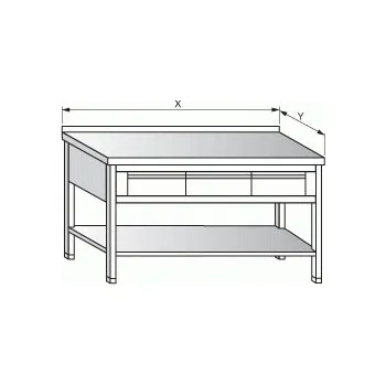 Dílenský stůl KK Nerezový pracovní stůl se třemi zásuvkami a policí (hloubka 700 mm) Délka: 1300 mm