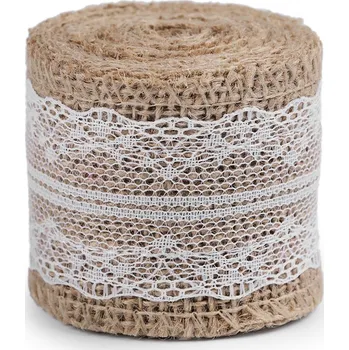 Galanterie Jutová stuha s krajkou šíře 50 mm, 60 mm, barva 9 (50 mm) režná přírodní