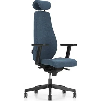 Vysoká otočná židle BJARG s opěrkou hlavy, synchronní mechanika, čalounění RIVET modrá
