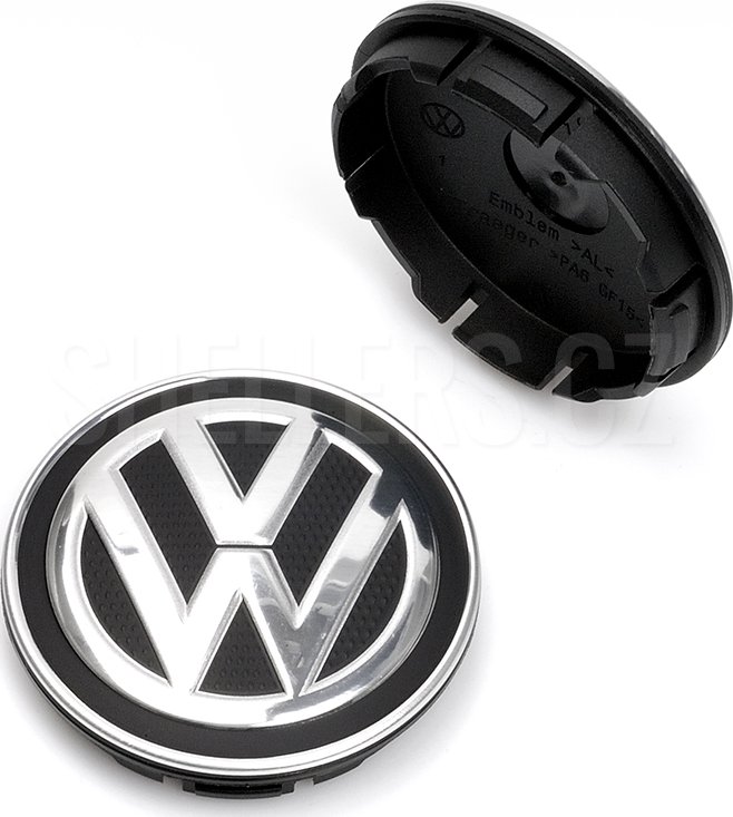 Středová krytka alu kola Ø 52/56mm Volkswagen originál 6CO.601.171, černá, chromové logo