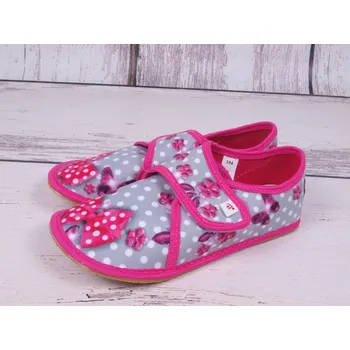 Dívčí bačkory Bačkůrky capáčky BAREFOOT EF 394 šedorůžové s motýlky a puntíky velikost: 35