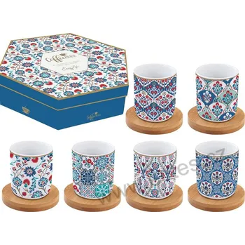 Easy Life IZNIK porcelánové espresso kelímky a bambusové podložky modročervené květy *COFFEE MANIA* 110ml 6 ks