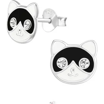 Náušnice Stříbrné puzetové náušnice Kočka s krystaly (Náušnice s kočkou, Šperkovní stříbro 925)