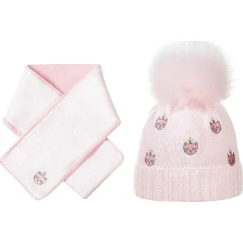 Čepice Růžová čepice s bambulí z umělé kožešinky s šálou Kočky