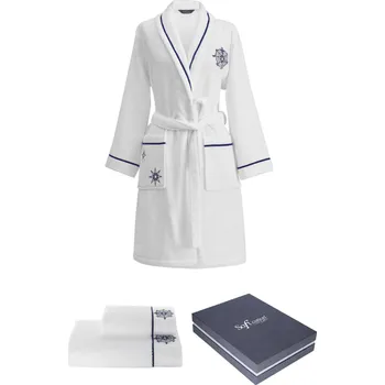 Pánský župan Soft Cotton Dárkové balení županu, ručníku a osušky MARINE LADY, Bílá, 450 g / m², Česaná prémiová bavlna 100%, S výšivkou - vel. XL, námořnický vzor