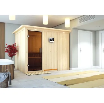 finská sauna KARIBU GOBIN (59652) (Interiérová finská sauna, síla stěny 68 mm, vnější rozměry 231 x 196 x 198 cm, určeno pro 3 osoby.)