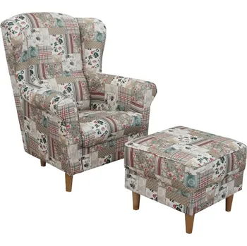 Křeslo Tempo Kondela Křeslo ušák s taburetem, látka parchwork Viorica 1, ASTRID