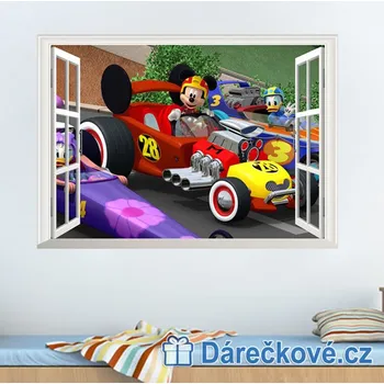 Samolepící dekorace Mickey Mouse a závodní auto, samolepka na zeď, vel.70x50cm
