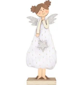 Vánoční dekorace Anděl dřevěný v bílých šatech 16 cm, na postavení, 1ks