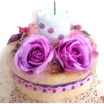 Bytová dekorace Textilní dort smetanový s růžemi a svící