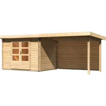Zahradní stavba LANIT PLAST Dřevěný domek KARIBU BASTRUP 3 + přístavek 300 cm včetně zadní stěny (9303) natur LG3009