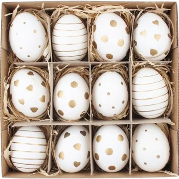 Velikonoční dekorace Vajíčka se zlatým zdobením 6 cm, 12 ks v krabičce