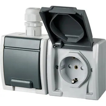 Elektrická zásuvka ATLAS IP65 Zásuvka 2x 2P+PE SCHUKO, 2-násobná vodorovná s vývodkou M20, na povrch, šedá