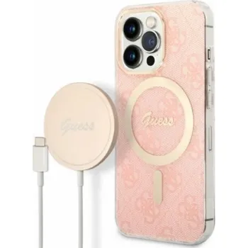 Pouzdro na mobilní telefon Guess Charger Set Guess pouzdro + bezdrátová nabíječka GUBPP13LH4EACSP Apple iPhone 13 Pro růžové/růžové pevné pouzdro 4G Print MagSafe