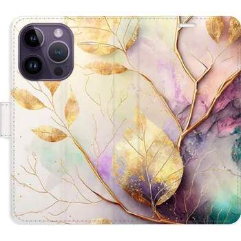 Pouzdro na mobilní telefon Flipové pouzdro iSaprio - Gold Leaves 02 - iPhone 14 Pro