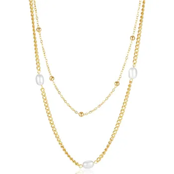 Náhrdelník Dámský ocelový náhrdelník se sladkovodní perlou Gold