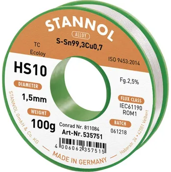 Cívka Stannol HS10 2510 bezolovnatý pájecí cín cívka Sn99,3Cu0,7 ROM1 100 g 1.5 mm
