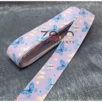 Stuha Stuha tkaná 2,5 cm x 7 y - fialová s tiskem motýlků