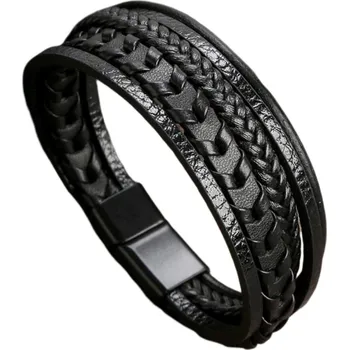 Náramek Joy-sperky Klasický ručně tkaný pánský kožený náramek černý Punk Délka: 23 cm