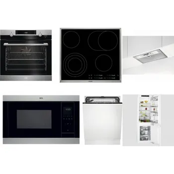 Set domácích spotřebičů AEG Mastery SteamBake BCK455350M + AEG Mastery DirectTouch HK654070XB + AEG DGB3523S + AEG Mastery MSB2547D-M + AEG FSK73607Z + AEG Mastery FlexiShelf SCE818D3LC