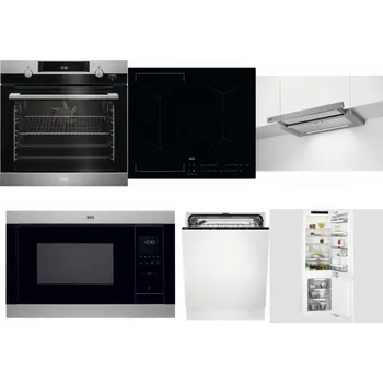 Set domácích spotřebičů AEG Mastery SteamBake BCK455350M + AEG Mastery Bridge IKE64441IB + AEG DPE5660M + AEG Mastery MSB2547D-M + AEG FSK73607Z + AEG Mastery FlexiShelf SCE818D3LC