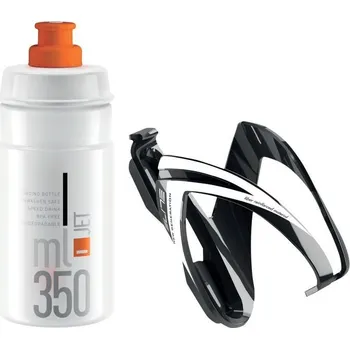 Košík na láhev ELITE KIT CEO košík lesklý černý/bílý + láhev JET čirá/oranžová, 350 ml