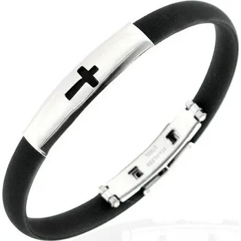 Náramek Pryžový náramek s ocelovým zámkem a s destičkou s vyřezaným křížkem