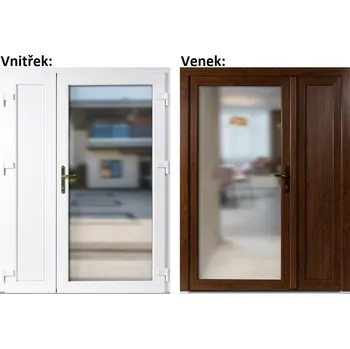 Vchodové dveře Levné dvoukřídlé vchodové dveře plastové Soft 3/3 sklo Krizet+panel Zlatý dub/bílá 150x200 cm pravé