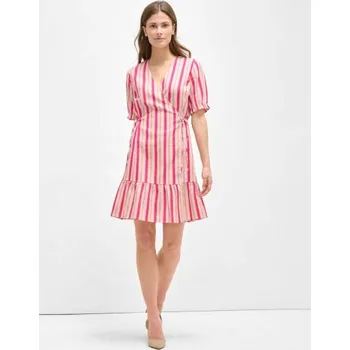 Dámské oblečení Růžové pruhované zavinovací lněné šaty