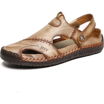 Dámské sandále Pánské kožené pantofle s prošíváním a dekorativními stehy Barva: Khaki, Velikost: 43