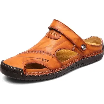 Dámské sandále Pánské kožené pantofle s prošíváním a dekorativními stehy Barva: Žlutá, Velikost: 43