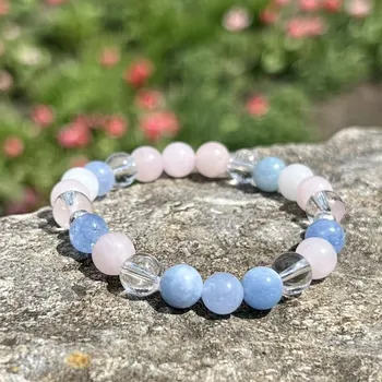 Náramek Minerální náramek akvamarín, růženín, křišťál - DUŠE (stříbro Ag925) (Náramek z minerálu akvamarínu, růženínu a křišťálu)