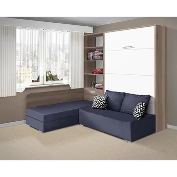 Postel Nabytekmorava Sklápěcí postel s pohovkou VS 21075, 200 x 120cm barevné kombinace: Dub sonoma tmavý / dveře bílé, barva pohovky: Savana modrá