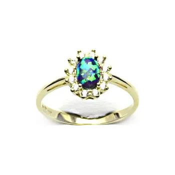 Prsten Zlatý prsten Kate, syntetický zelený opál, čiré zirkony, žluté i bílé zlato - T 1480