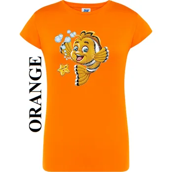 Dámské tričko levne damske tricko potisk zlata rybka Barva: Orange - oranžová, Výstřih: Kulatý výstřih kolem krku, EU dámská velikost: eu 34/36 (dívčí prodloužená 122) viz tabulka velikostí