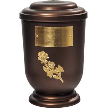 Smuteční dekorace Pohřební Plastová urna na popel, oválné oblé víčko, staroměď, štítek č. 50, 100 x 50, zlatá růže