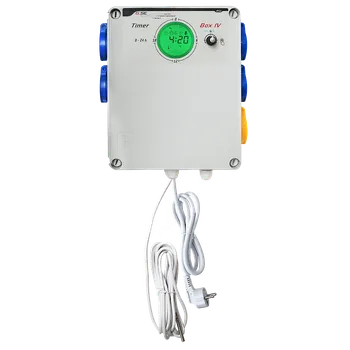 Spínací hodiny GSE Timer Box IV - 4x600W + topení / 220V (Timer Box IV se používá ke spínání několika indukčních zátěží, jako jsou vysokotlaké výbojky s vysokým zapínacím proudem s několika dodatečnými funkcemi.)