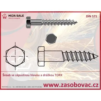 Vrut P10x280 - DIN 571 - 4.6 - zinek bílý - Vrut do dřeva se šestihrannou hlavou